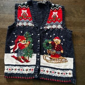 Fashion Bug Knit Bue Christmas Sweater Vest  Embroidered Tree Teddy bears 22